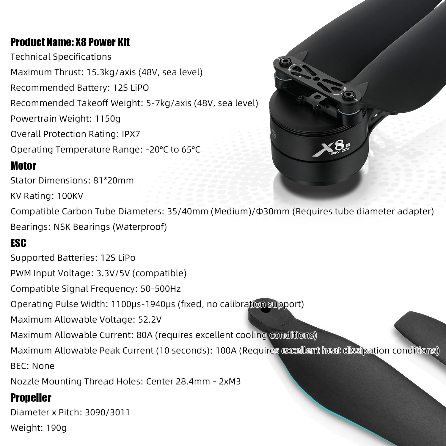 ชุดระบบพลังงาน X8: มอเตอร์ 100 - Drone Kit Heavy Lift บทวิจารณ์และราคา